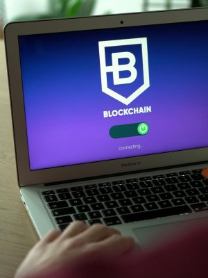 Person using laptop displaying blockchain login screen while holding card.